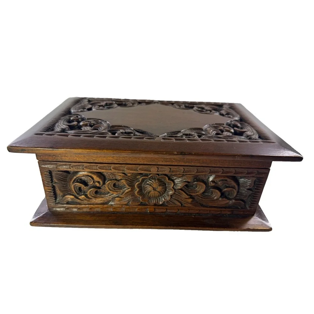 Vintage 1970s Thai Hand Carved Teak Jewelry Box Velvet Lining Tony M. Chiangmai